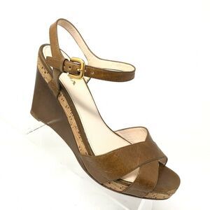 Prada Wedge Sandal Brown Leather Ankle Strap‎ Cork Wedge Womens Size 40 / 9